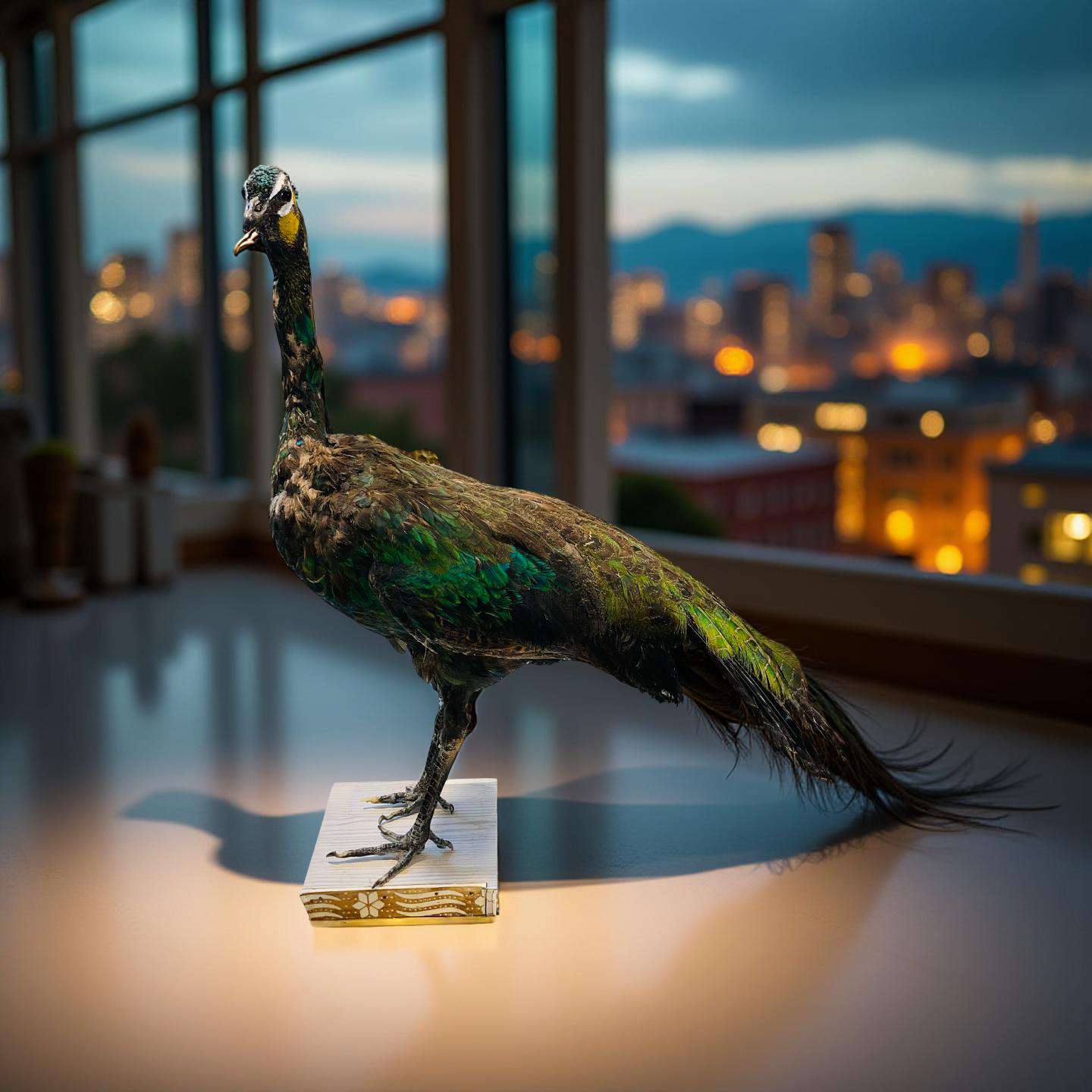 Original Stuffed Peacock on Wood Base